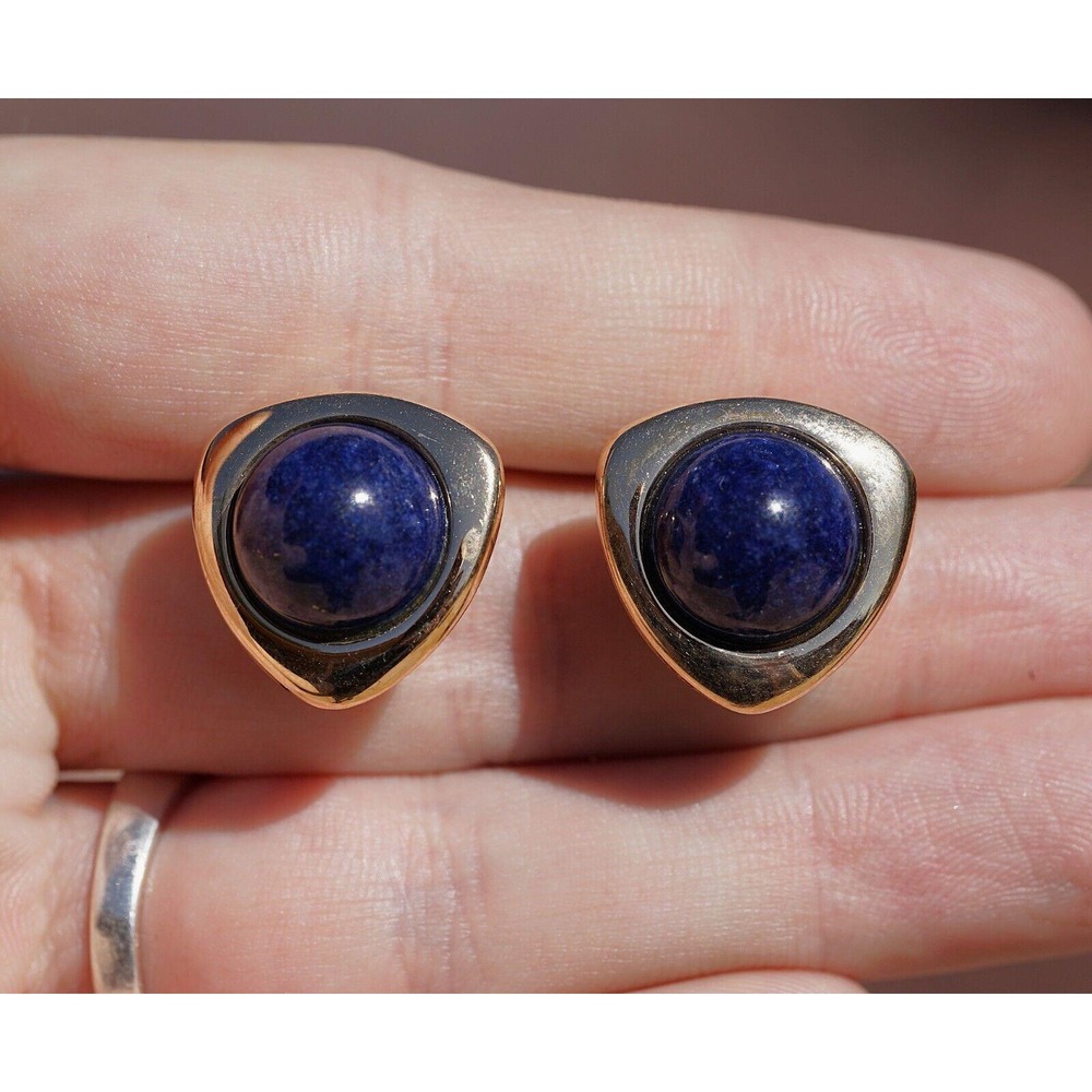 Vintage‎ 14k Solid Yellow Gold Natural Lapis Clip On Stud Earrings - Oval Large